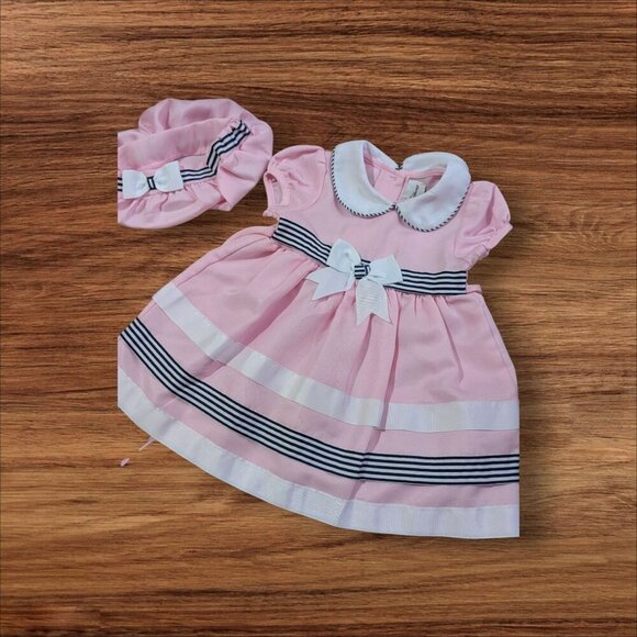 Rare EditionsBaby Girls Twill Dress Matching Hat size 18M pink black  stripes - Picture 1 of 6